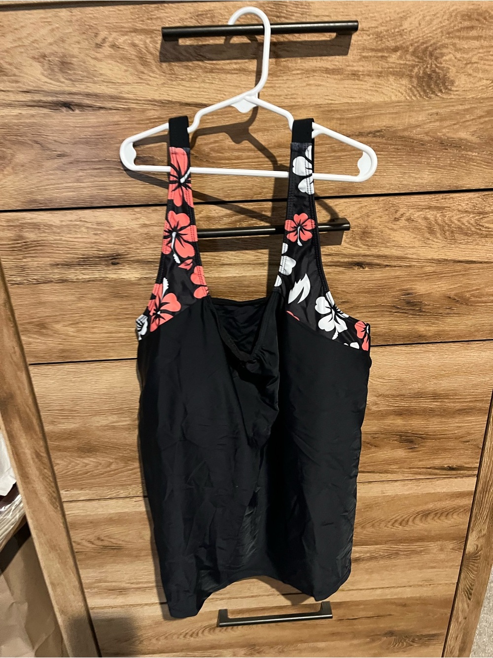 Black Tankini with Coral & White Floral Straps NWOT